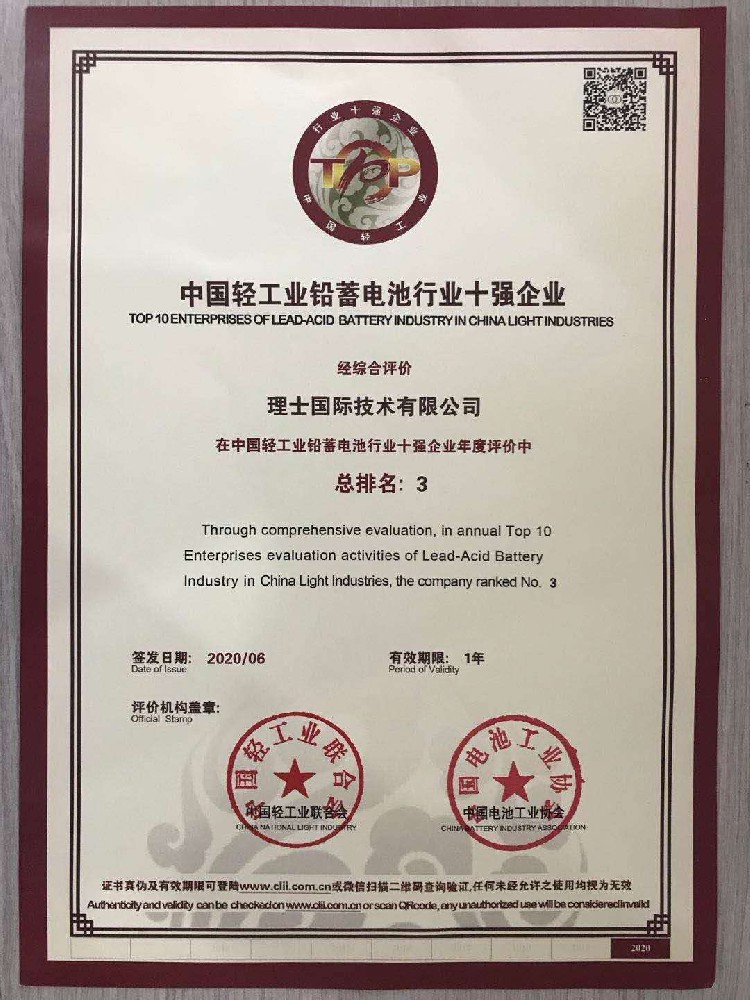 理士國際入選“中國輕工業鉛蓄電池行業十強企業”